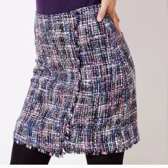 LOFT Dresses & Skirts - Loft Blue White Pink Multi Colored Tweed Pencil Skirt Fringe Size 2 NWOT